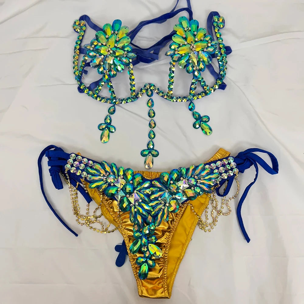 The Stardust Empress Royale – Deluxe Rhinestone Samba Carnival Wire Bra, Panty, Belt & Necklace 4-Piece Costume Set
