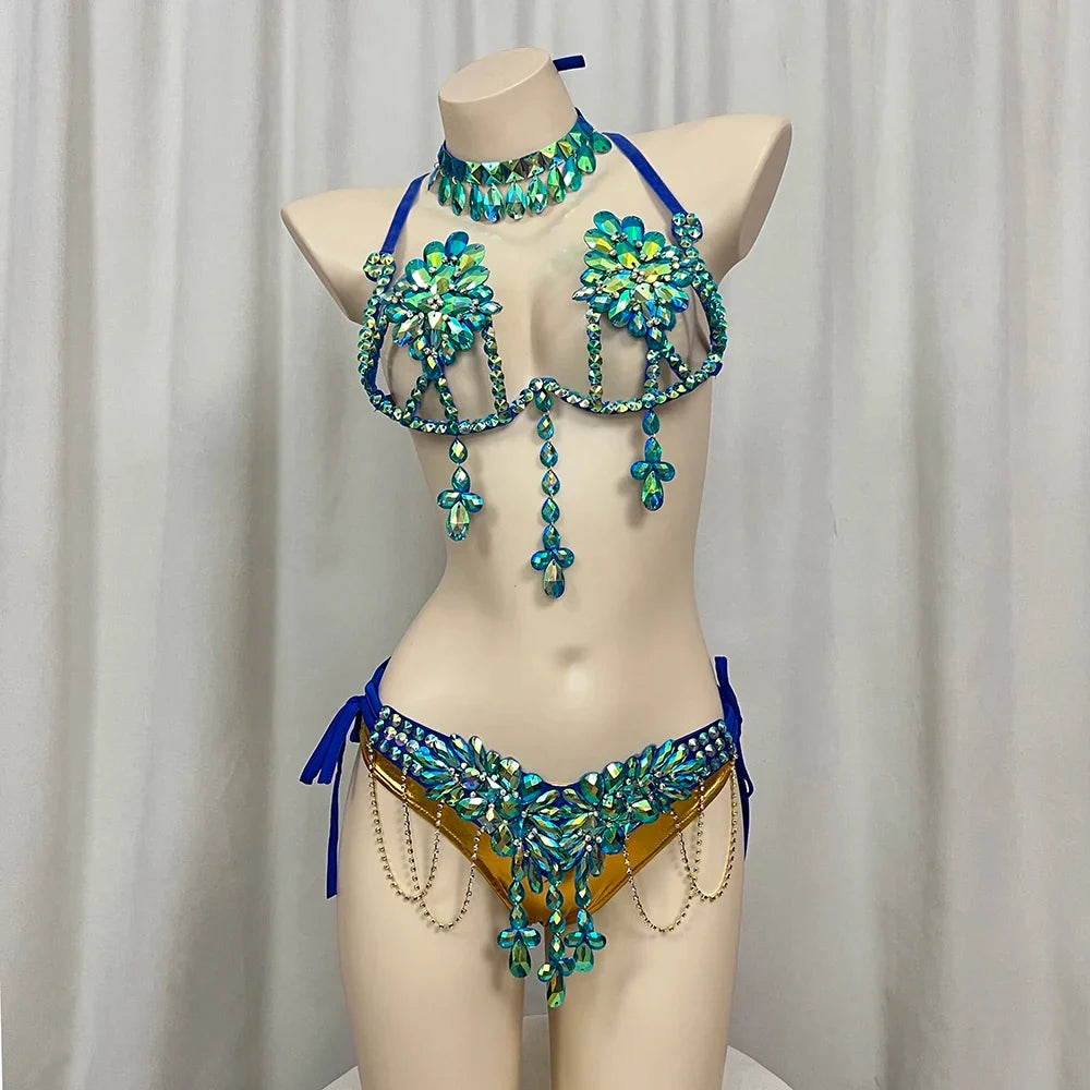 The Stardust Empress Royale – Deluxe Rhinestone Samba Carnival Wire Bra, Panty, Belt & Necklace 4-Piece Costume Set
