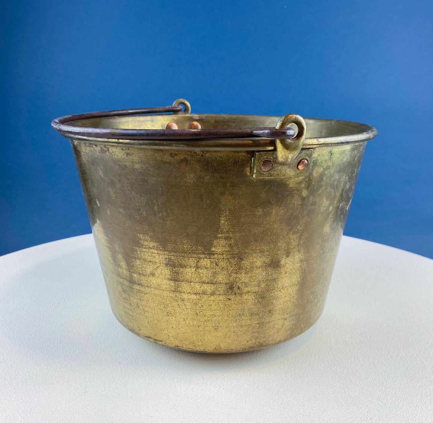 Antique Hand-Hammered Brass Bucket with Wrought Iron Handle: Rustic Farmhouse Decor