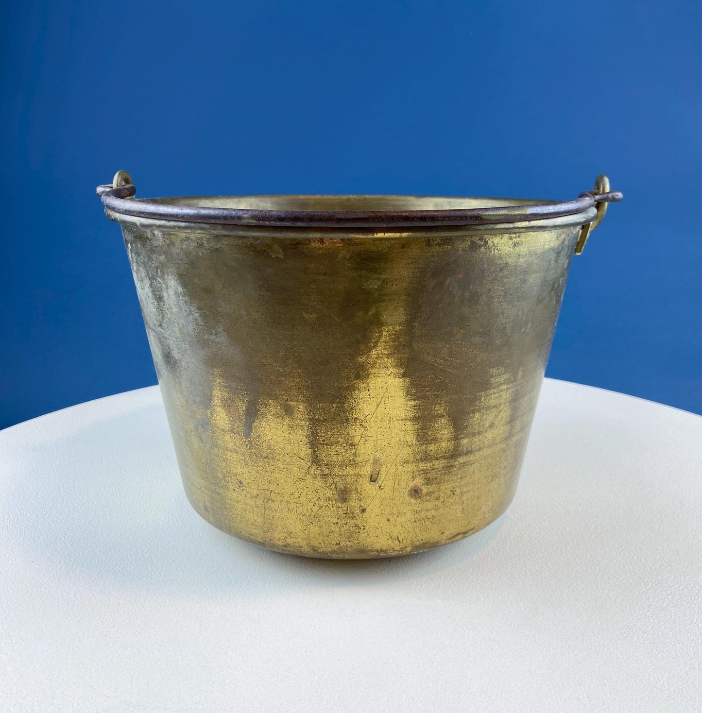 Antique Hand-Hammered Brass Bucket with Wrought Iron Handle: Rustic Farmhouse Decor