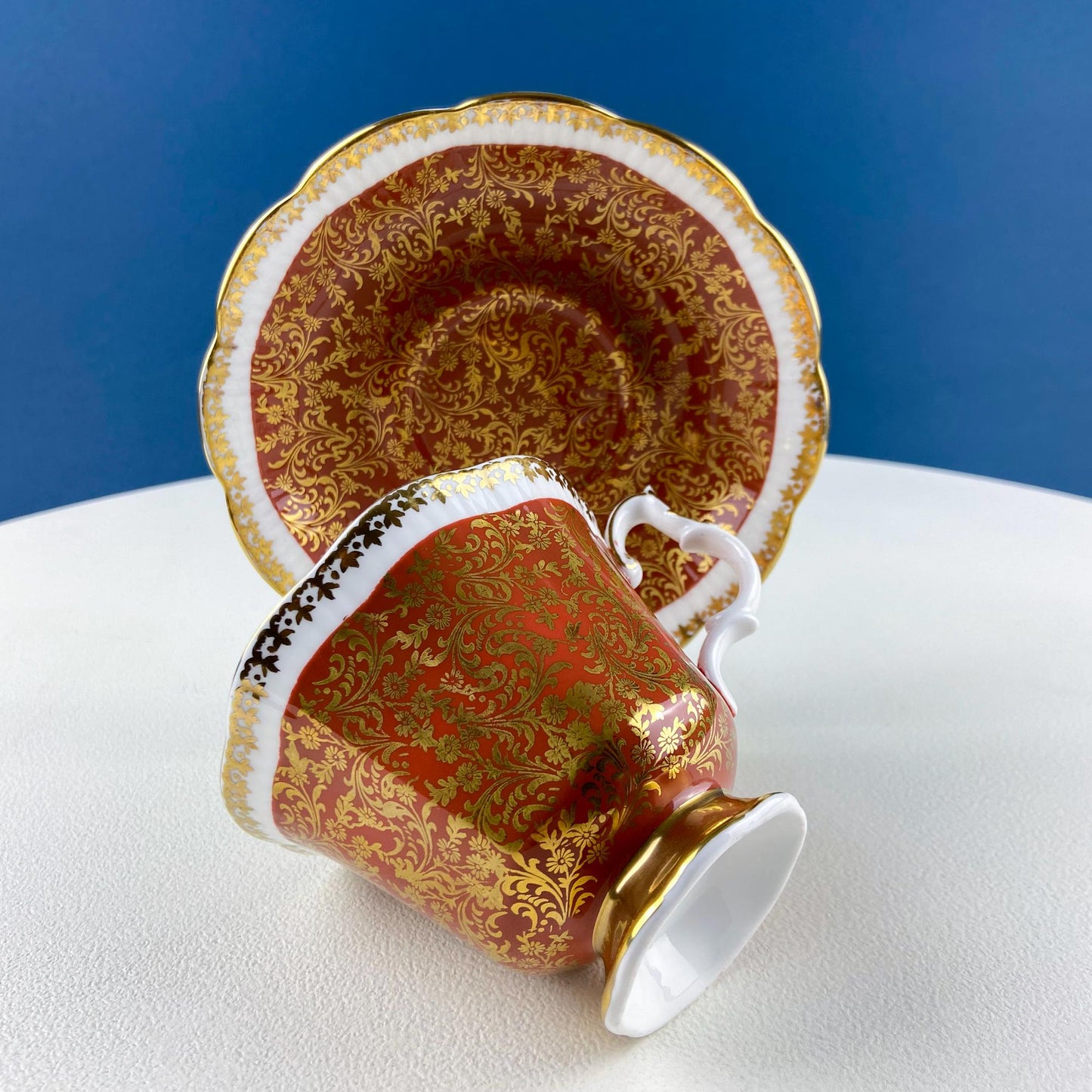 Vintage Royal Albert Brown & Gold Tea Coffee Cup and Saucer. All Over Flower Motif. Gold Leaf Border.  Buckingham Series. Hosting Essentials
