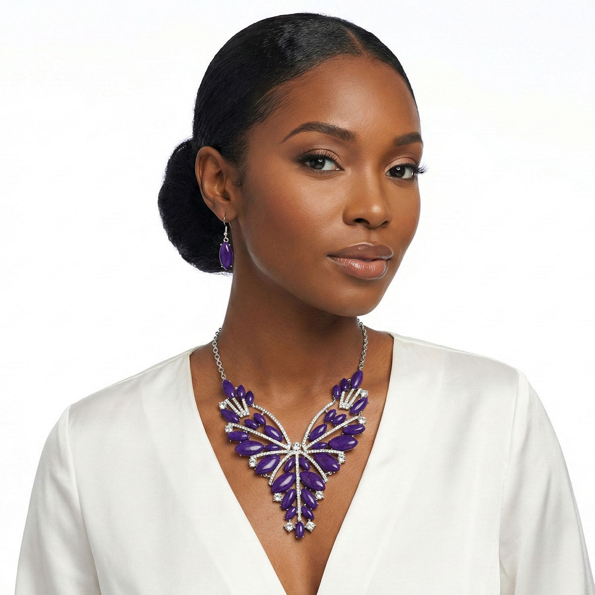 Statement Necklace Regal Tribal Purple Cracked Marquise Stylish Accessory