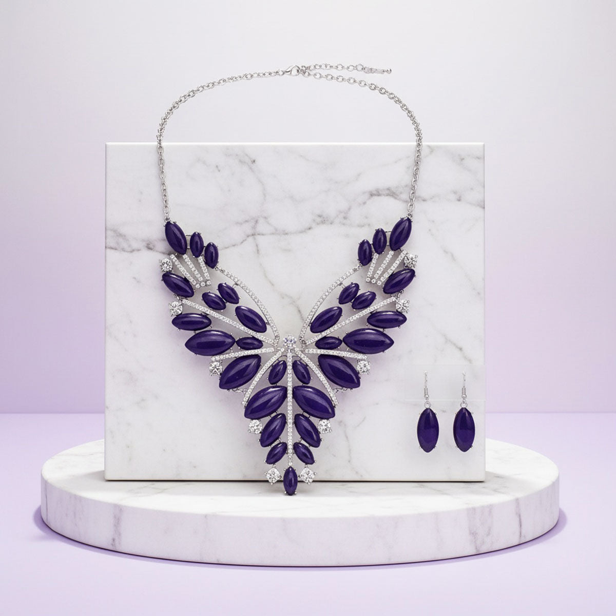 Statement Necklace Regal Tribal Purple Cracked Marquise Stylish Accessory