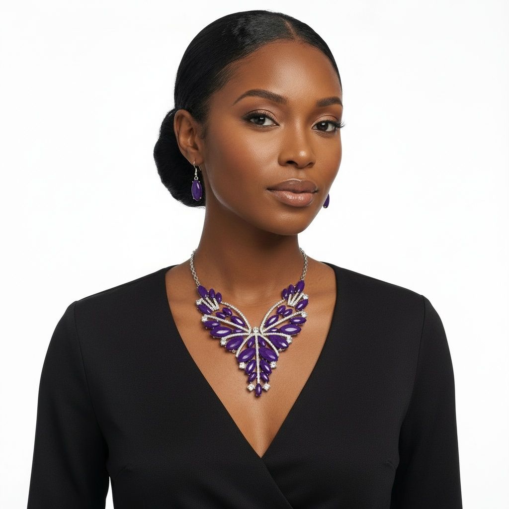 Statement Necklace Regal Tribal Purple Cracked Marquise Stylish Accessory