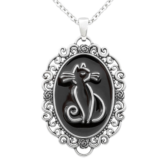 Black Cat Cameo Necklace Vintage Silver Antique Pendant