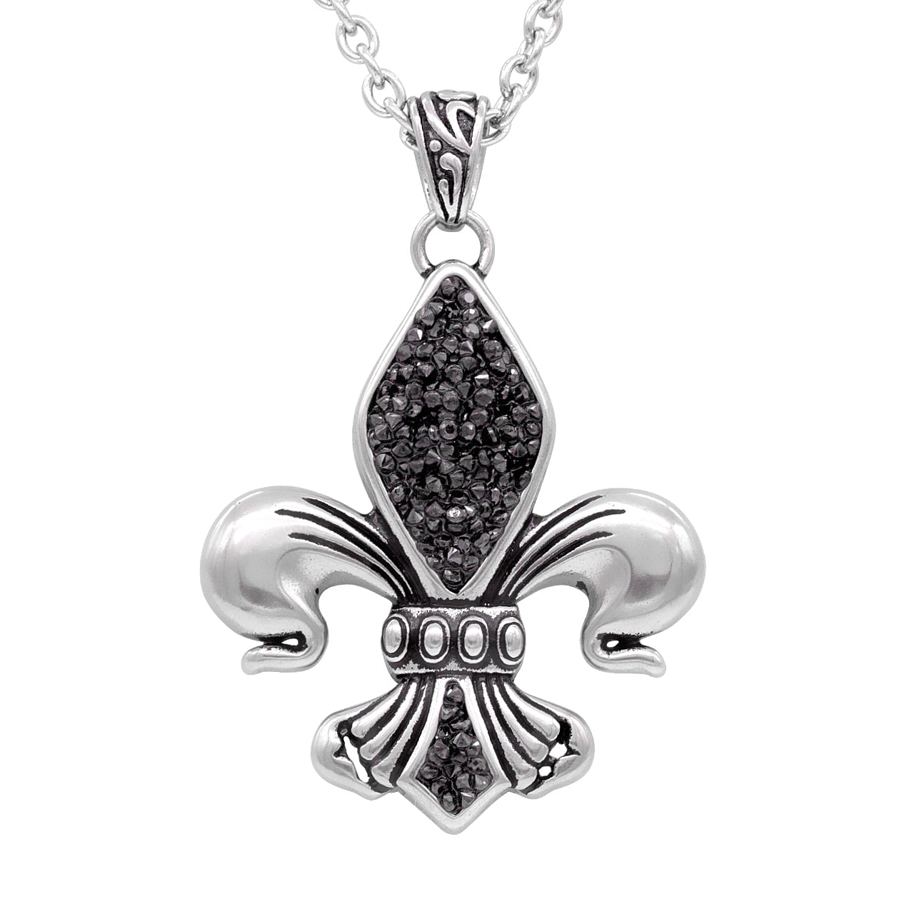 Black Fleur De Lis Pendant Necklace On Silver Chain