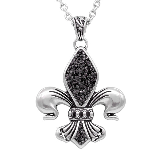 Black Fleur De Lis Pendant Necklace On Silver Chain