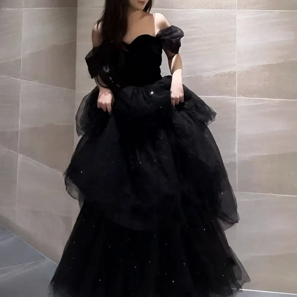 The Jewel House Black Velvet & Tulle Off-the-Shoulder Evening Dress