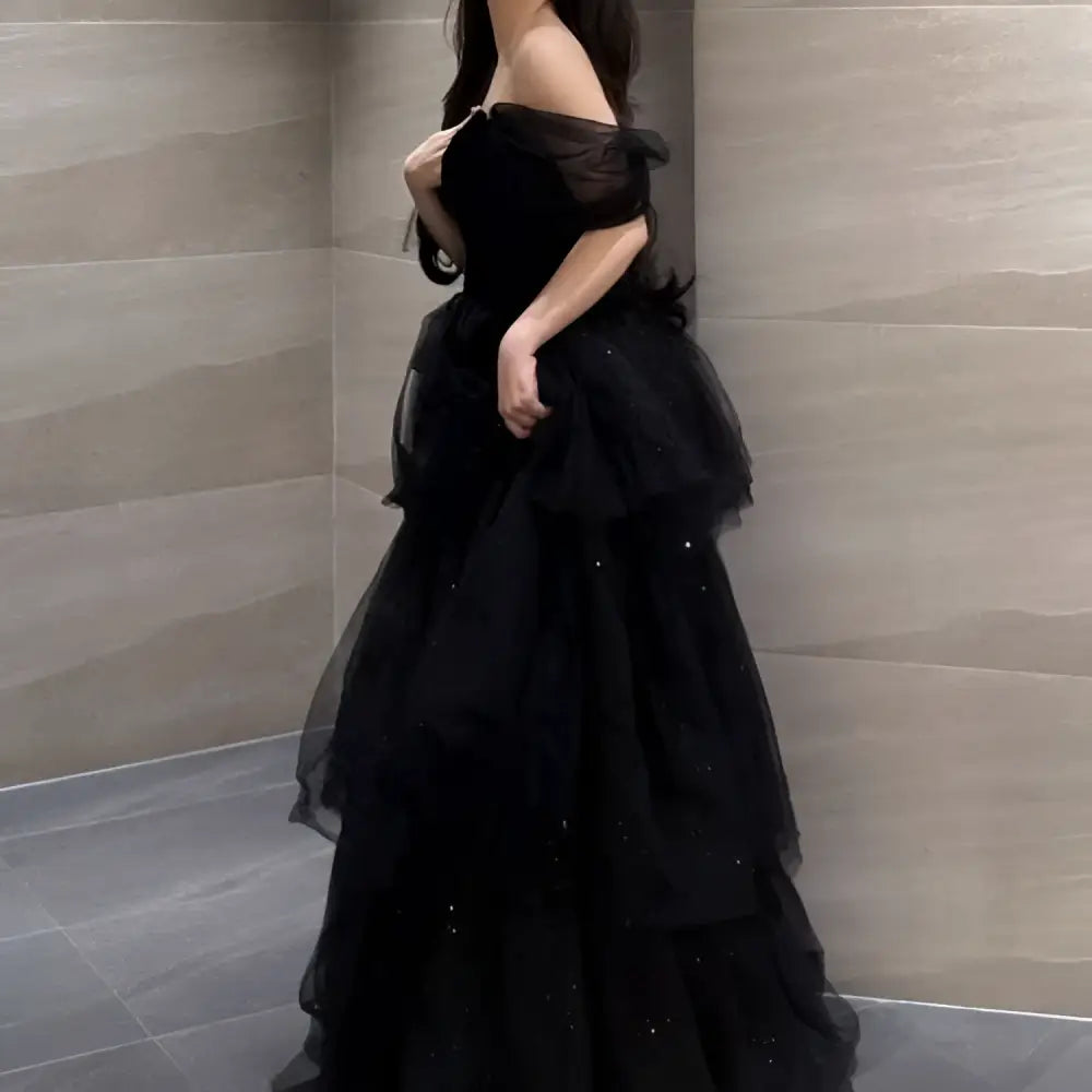 The Jewel House Black Velvet & Tulle Off-the-Shoulder Evening Dress