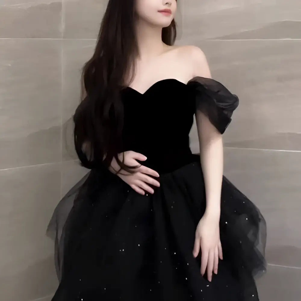 The Jewel House Black Velvet & Tulle Off-the-Shoulder Evening Dress
