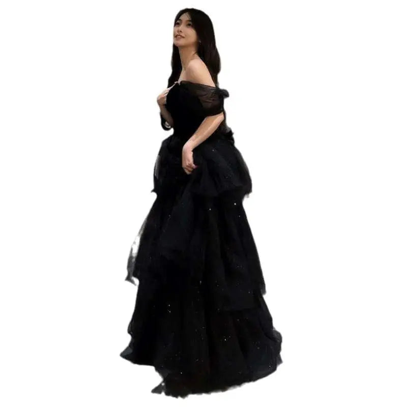 The Jewel House Black Velvet & Tulle Off-the-Shoulder Evening Dress