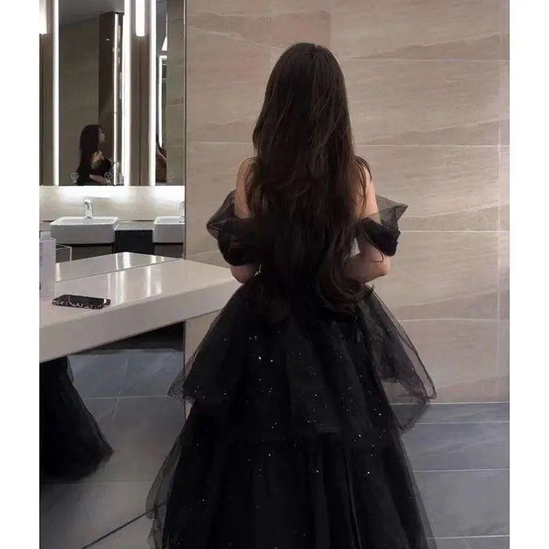 The Jewel House Black Velvet & Tulle Off-the-Shoulder Evening Dress