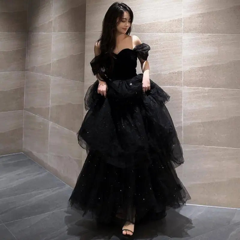 The Jewel House Black Velvet & Tulle Off-the-Shoulder Evening Dress