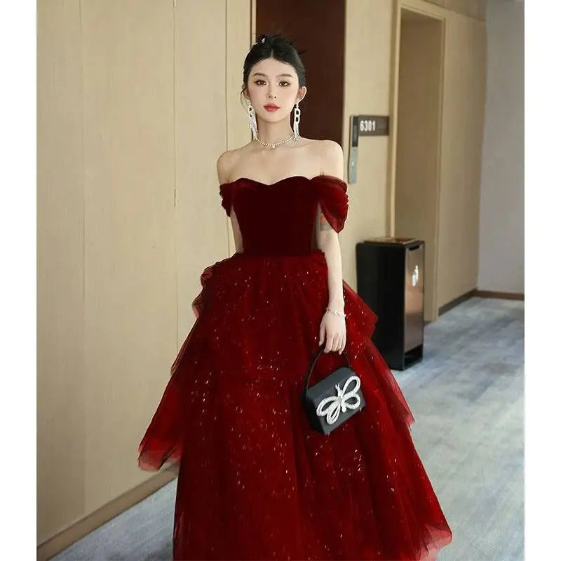 The Jewel House Black Velvet & Tulle Off-the-Shoulder Evening Dress