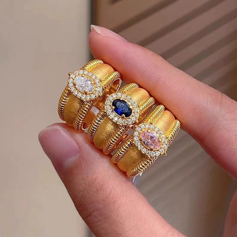 Vintage Brushed Wide Band Bead Ring, Sparkling Zircon Adjustable Open Ring, Court Style For Women