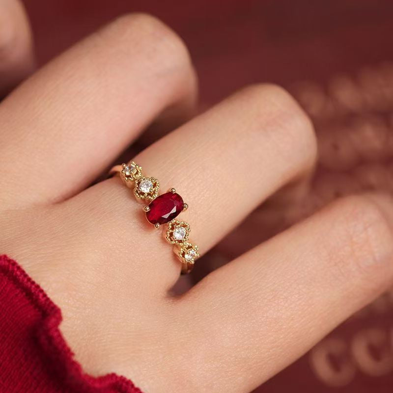 Retro Court Style Red Gemstone Ring, Elegant Light Luxury Niche High-End Jewelry