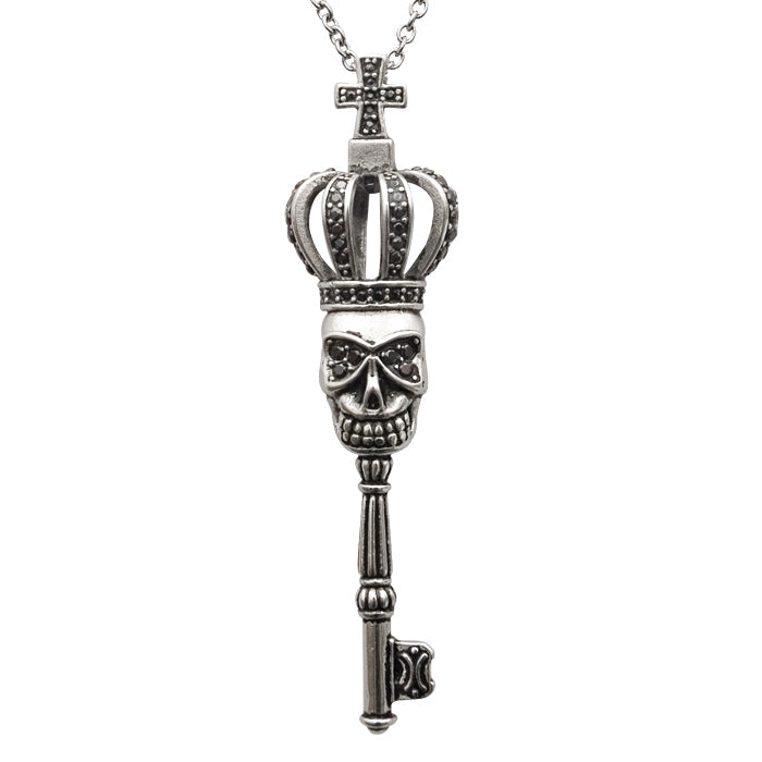Crowned Skull Key Necklace Gothic Crown Pendant Silver