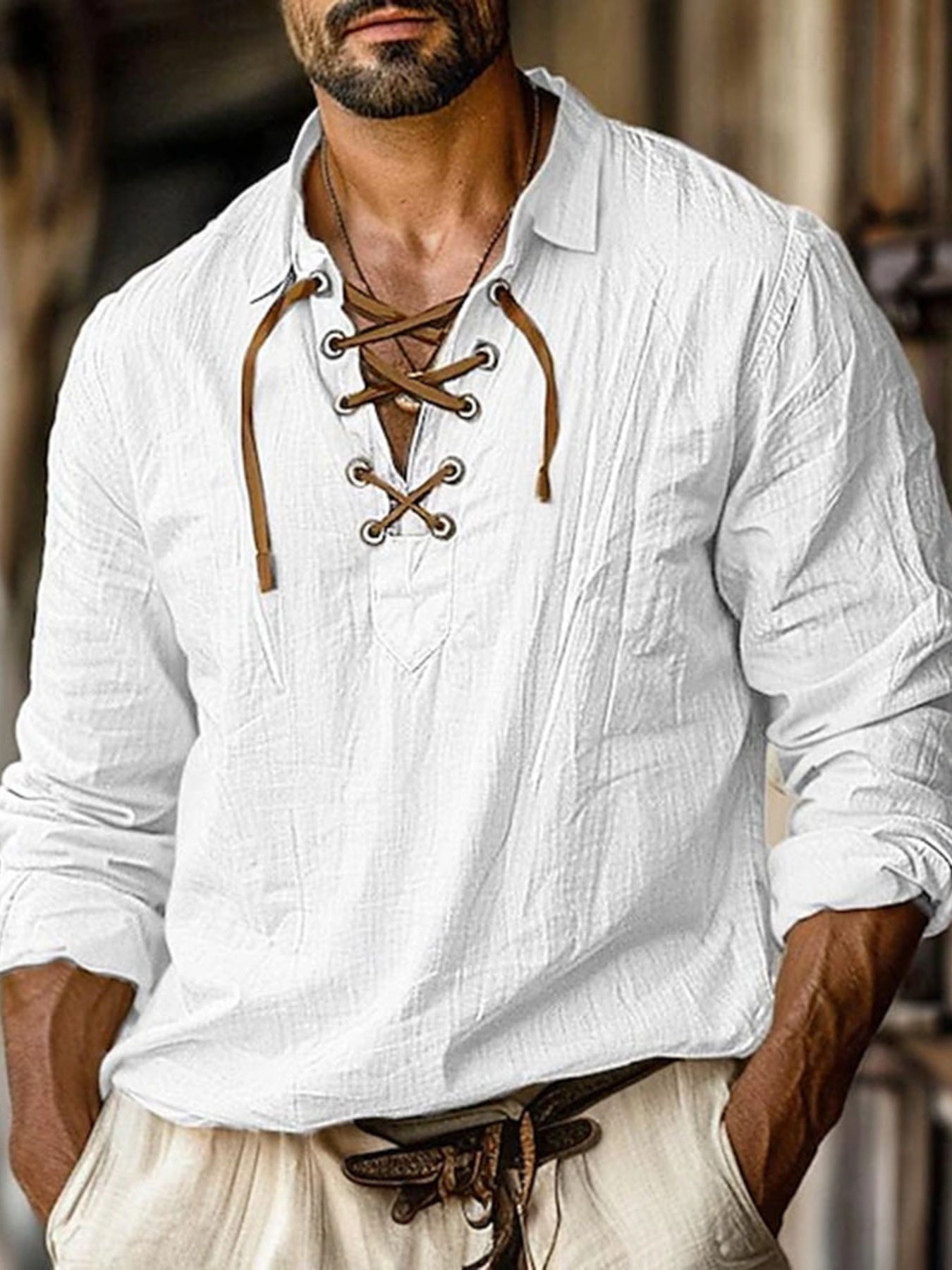 Men's Full Size Vintage Lace-Up Long Sleeve Blouse Plus Size