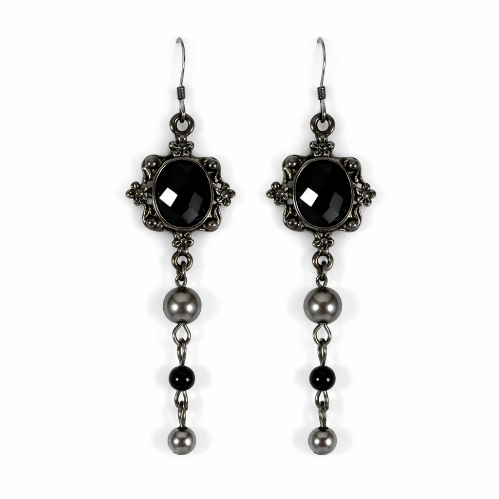 Bridgerton Inspired Black Statement Earrings – Vintage Style Glass Pearl & Black Glass Drop Earrings – Oxidized Sterling Silver Earwires