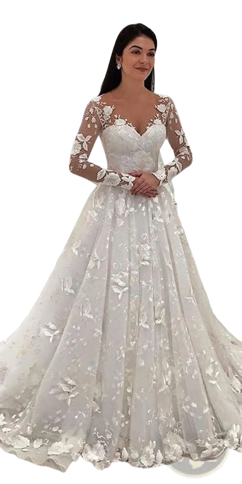 Floral Appliqué Long Sleeve Lace Wedding Gown