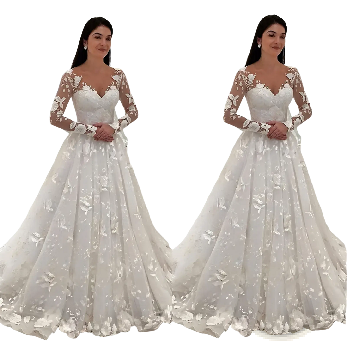 Floral Appliqué Long Sleeve Lace Wedding Gown