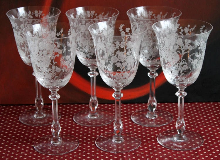 Antique Pink Crystal Goblets, Morgantown Necklace Gold Pattern, Set of 8