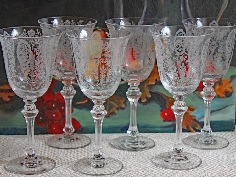 Antique Pink Crystal Goblets, Morgantown Necklace Gold Pattern, Set of 8