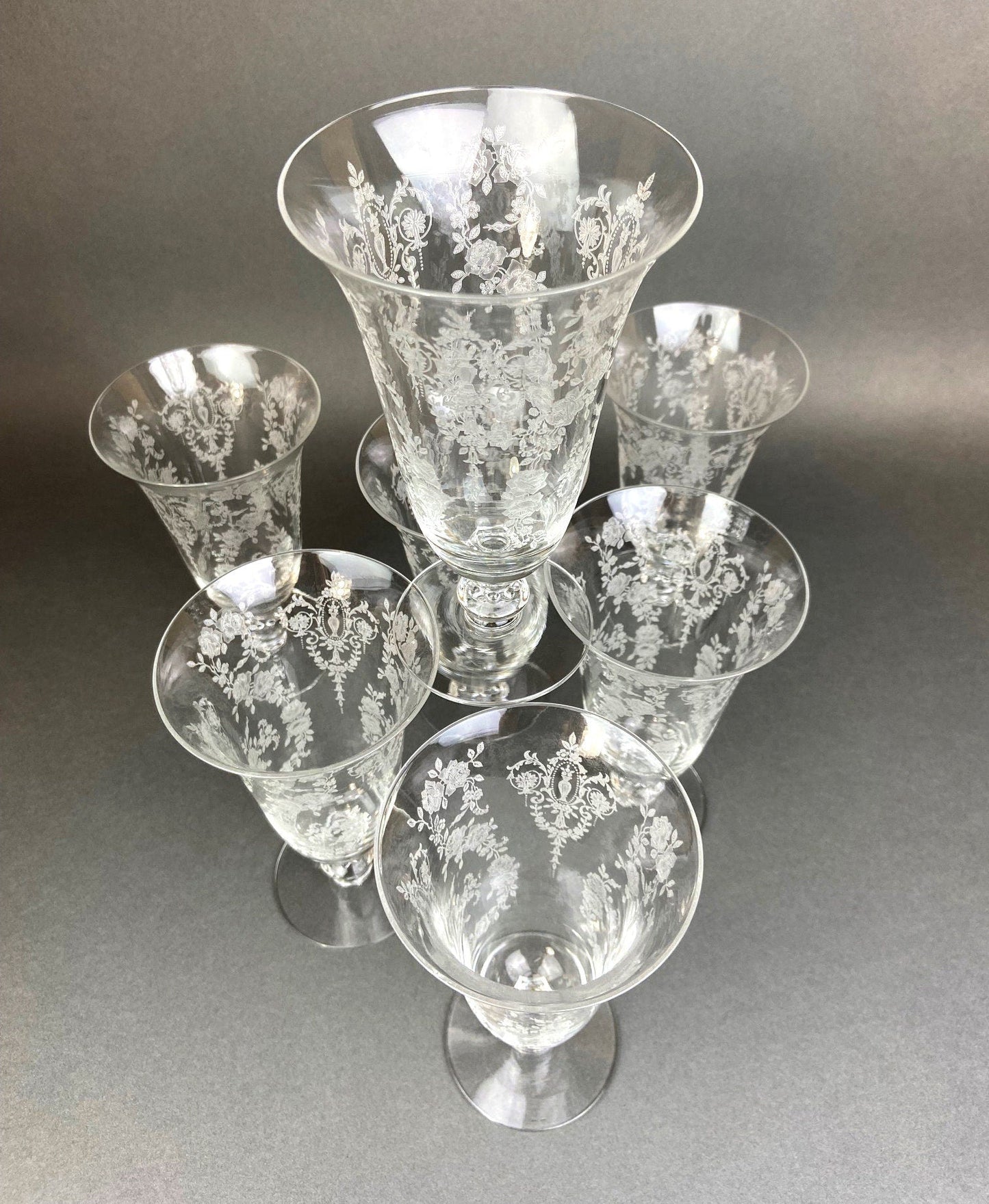 Antique Tiffin Franciscan Water Goblets in Cherokee Rose Pattern - Set of 7