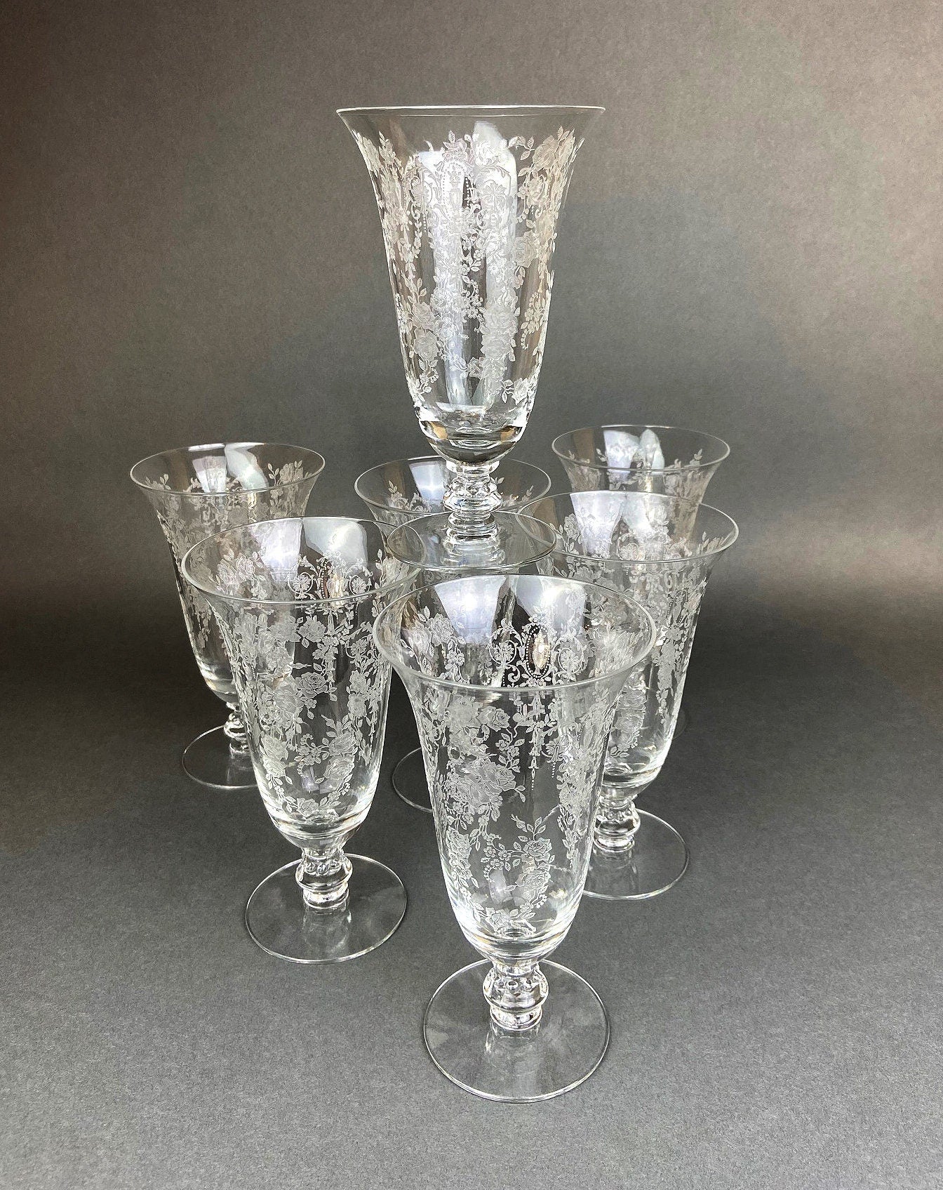 Antique Tiffin Franciscan Water Goblets in Cherokee Rose Pattern - Set of 7