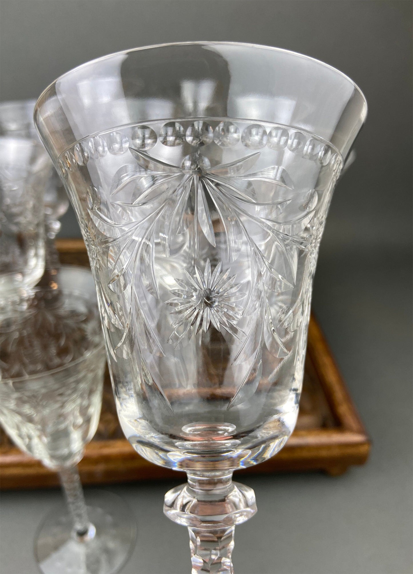Vintage Cut Crystal Wine Goblets, Daisy Garland Motif, Set of Ten