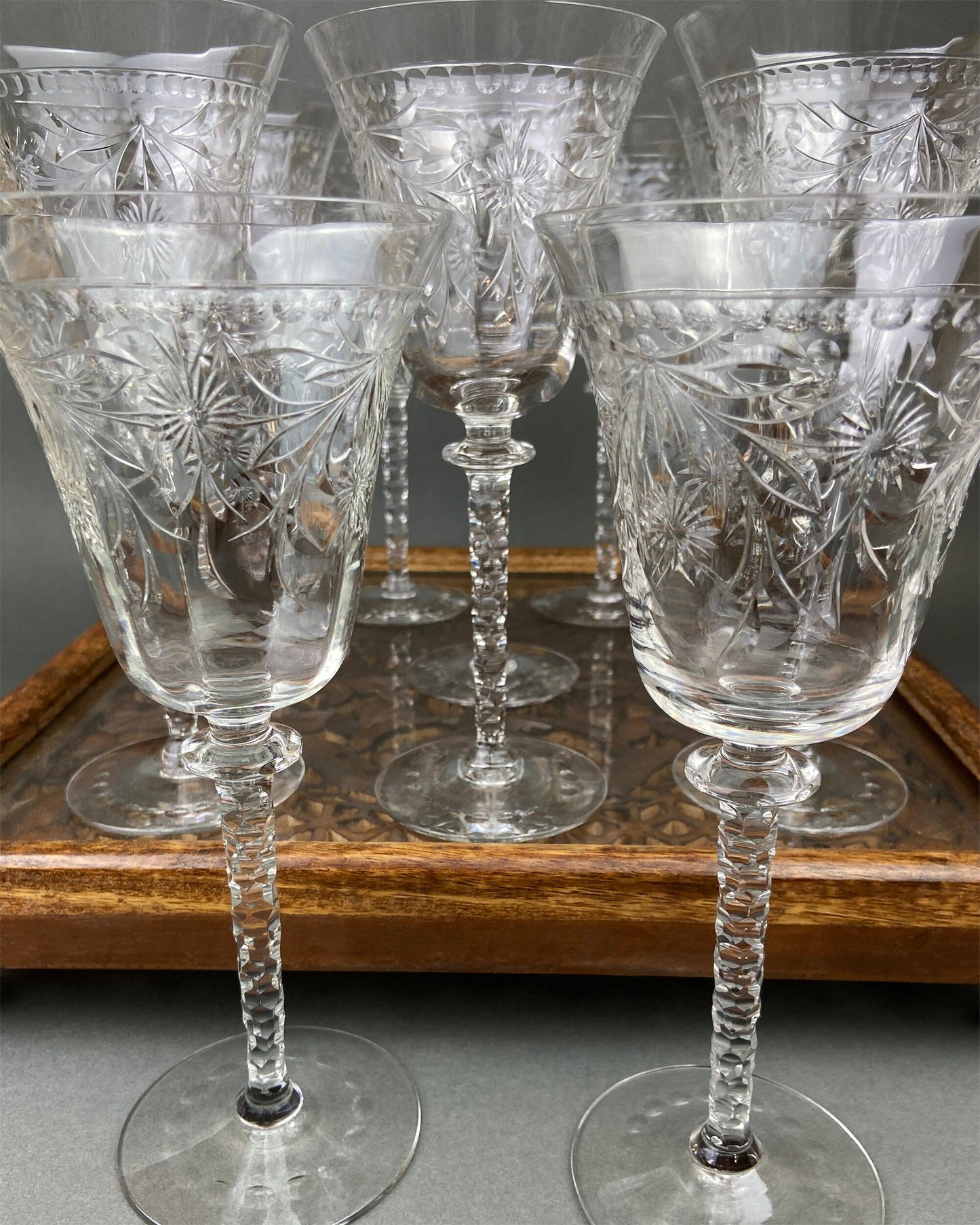 Vintage Cut Crystal Wine Goblets, Daisy Garland Motif, Set of Ten