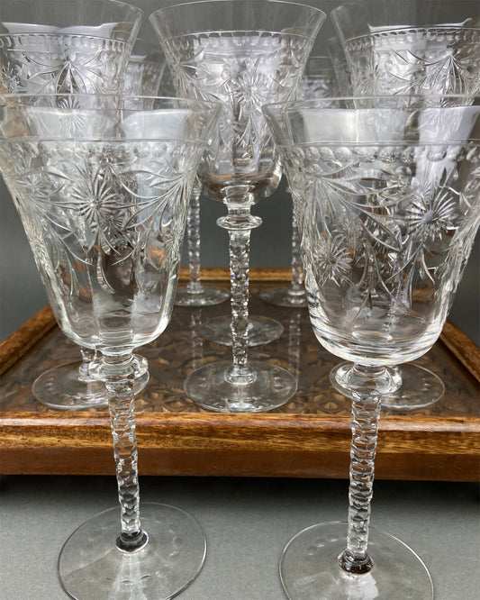 Vintage Cut Crystal Wine Goblets, Daisy Garland Motif, Set of Ten