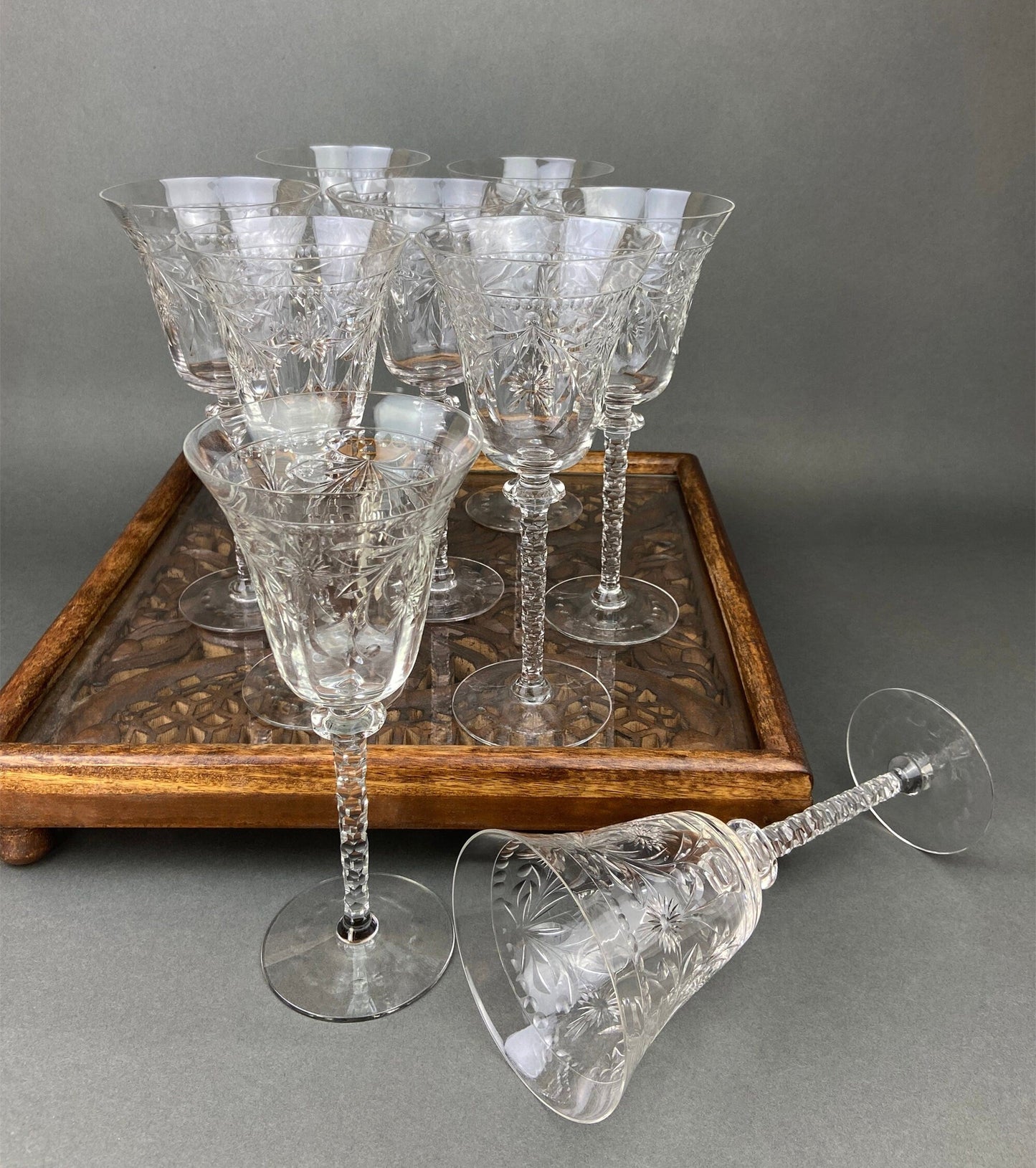 Vintage Cut Crystal Wine Goblets, Daisy Garland Motif, Set of Ten