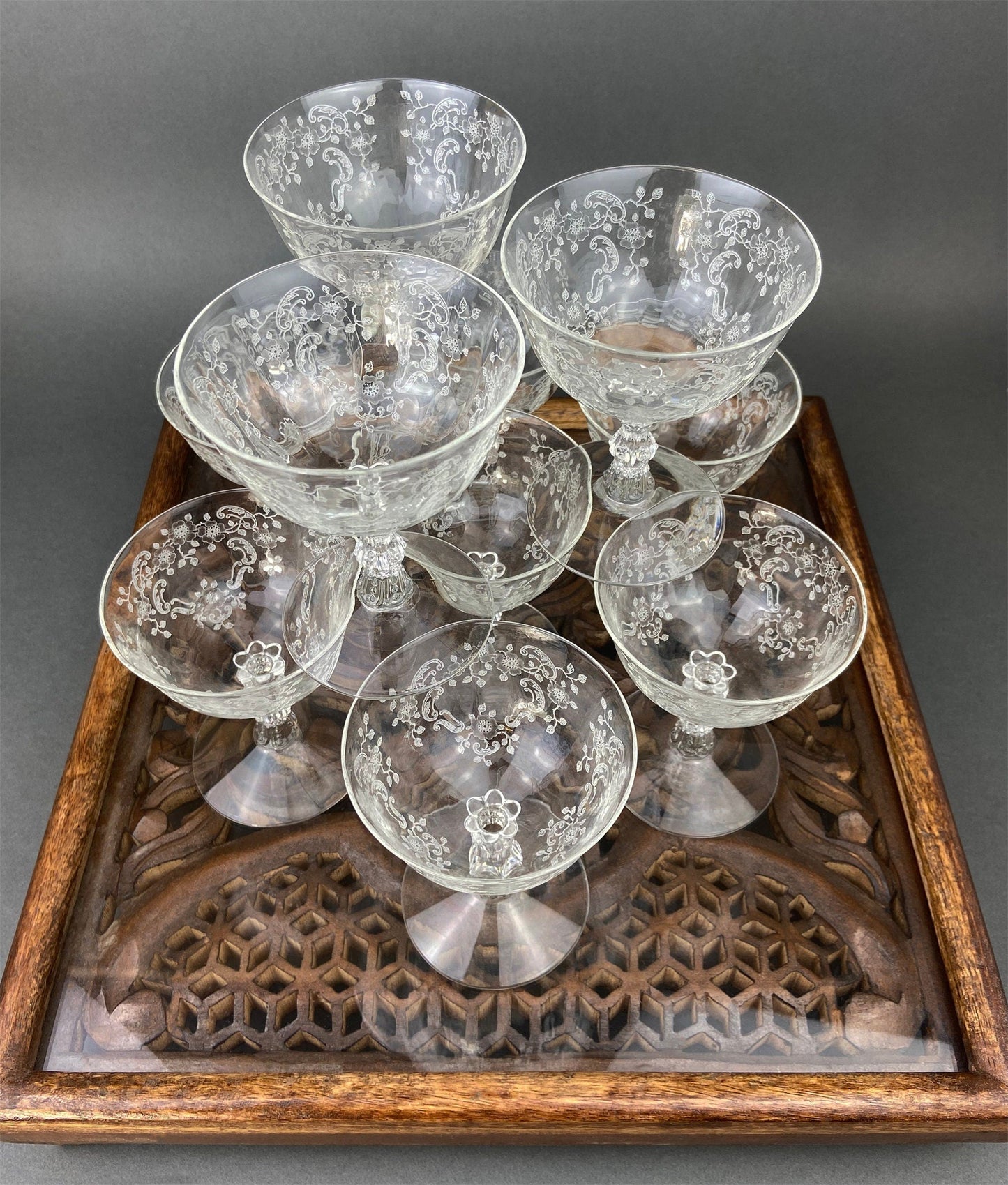 Vintage Cut Crystal Wine Goblets, Daisy Garland Motif, Set of Ten