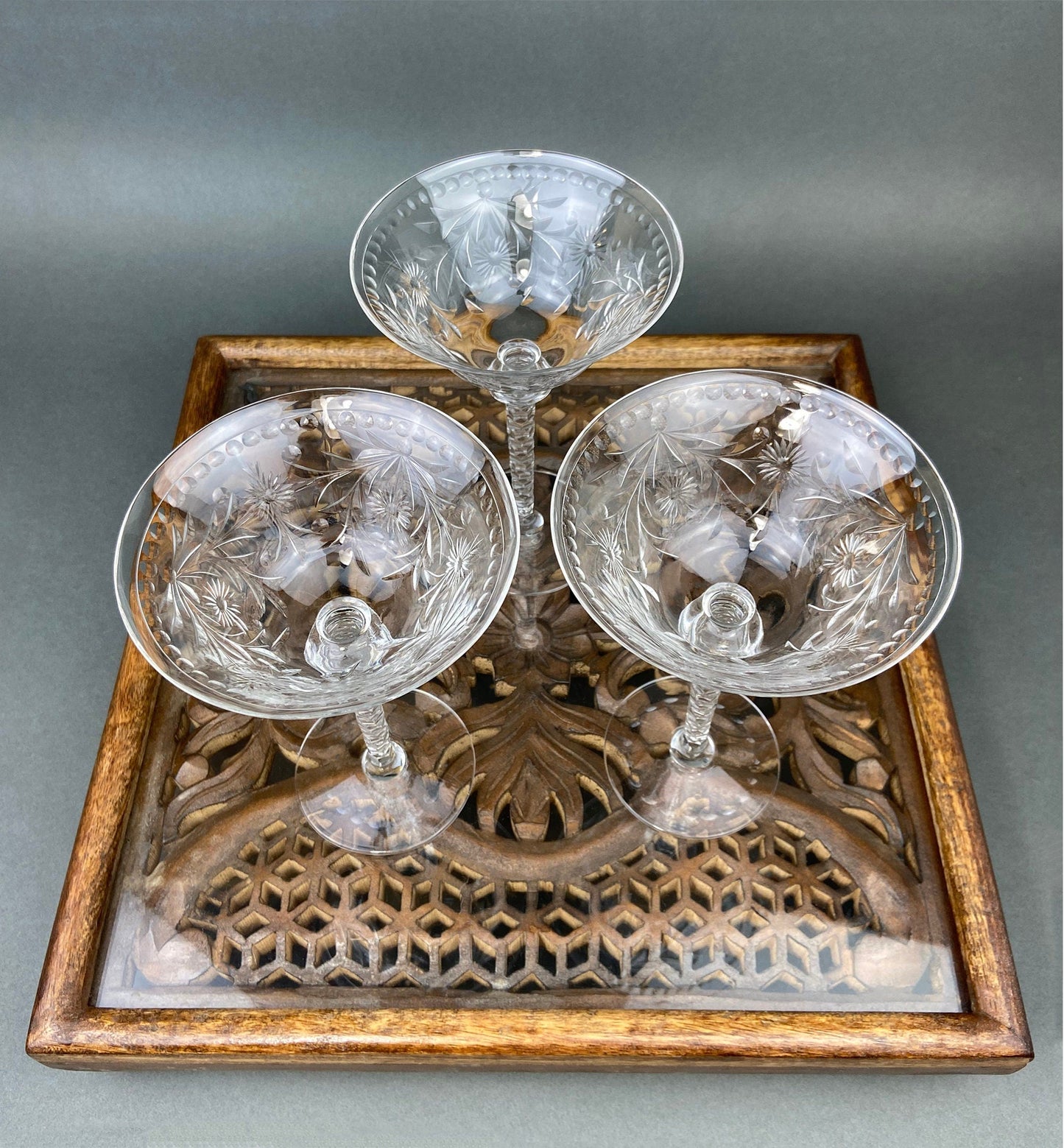 Vintage Cut Crystal Wine Goblets, Daisy Garland Motif, Set of Ten