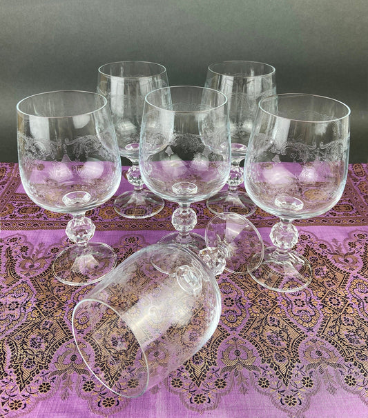 Vintage Bohemian Crystal Goblets, Queen's Lace Etched Stemware, Set of 6