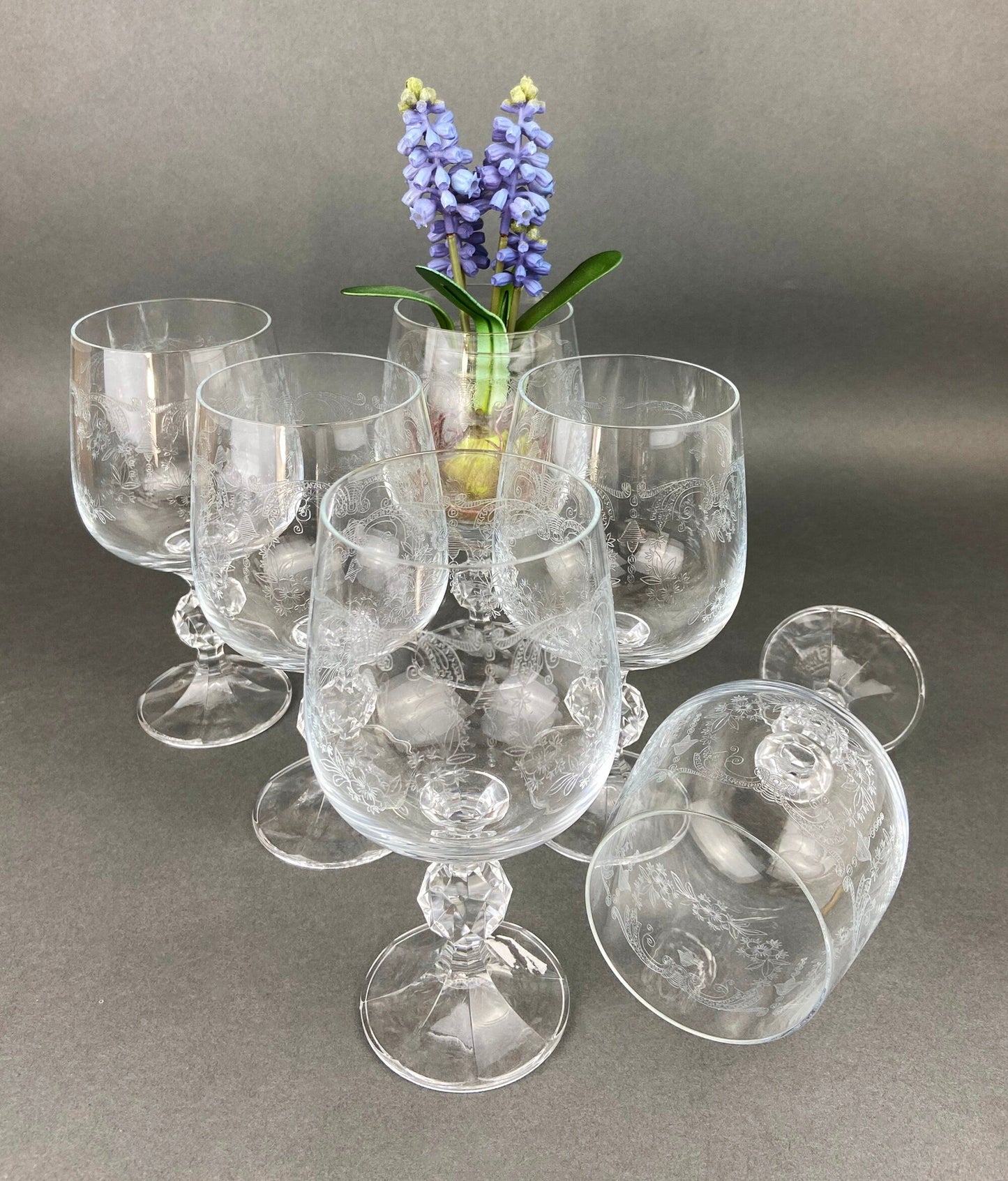 Vintage Bohemian Crystal Goblets, Queen's Lace Etched Stemware, Set of 6