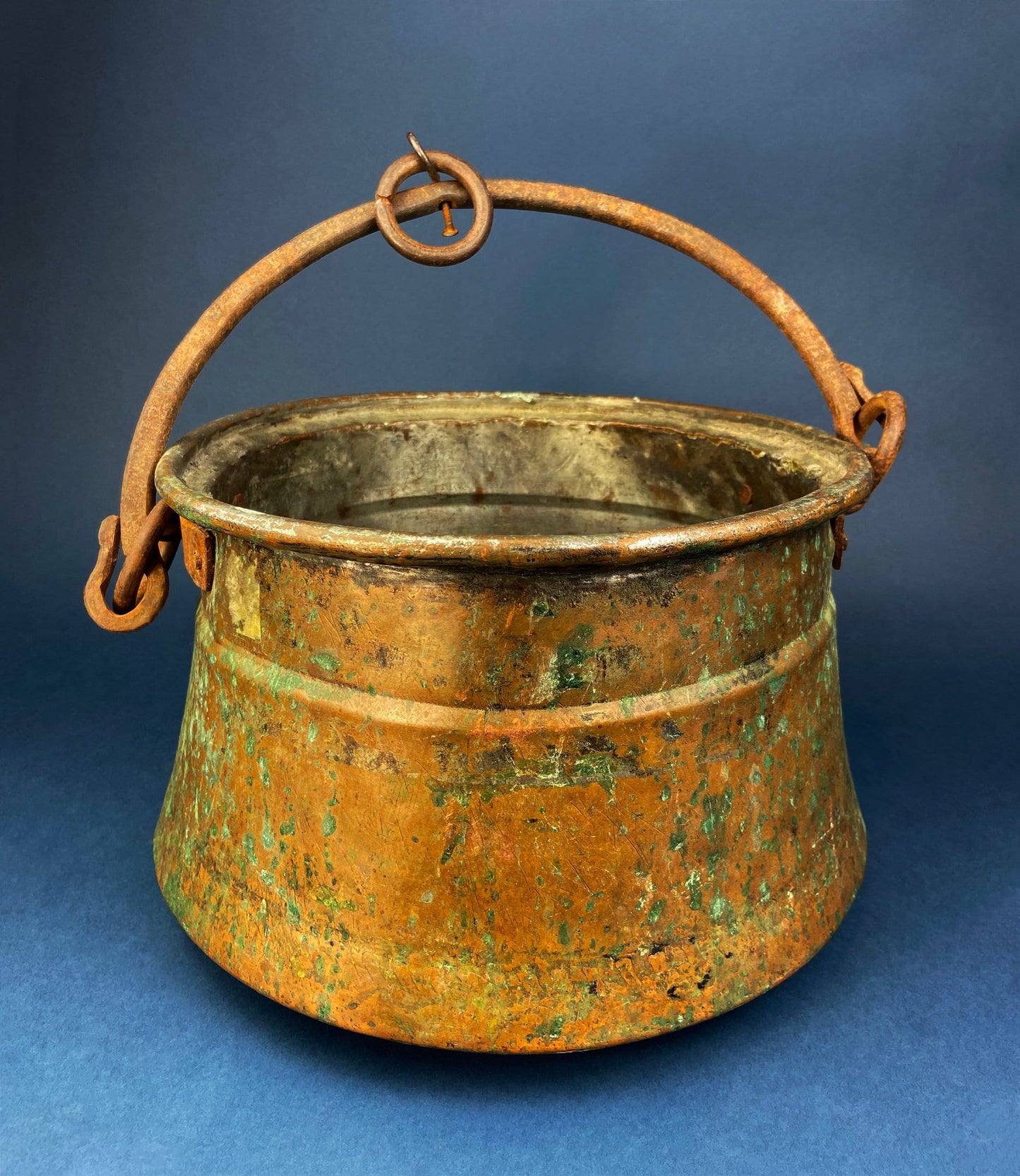 Antique Hand-Hammered Brass Bucket with Wrought Iron Handle: Rustic Farmhouse Decor