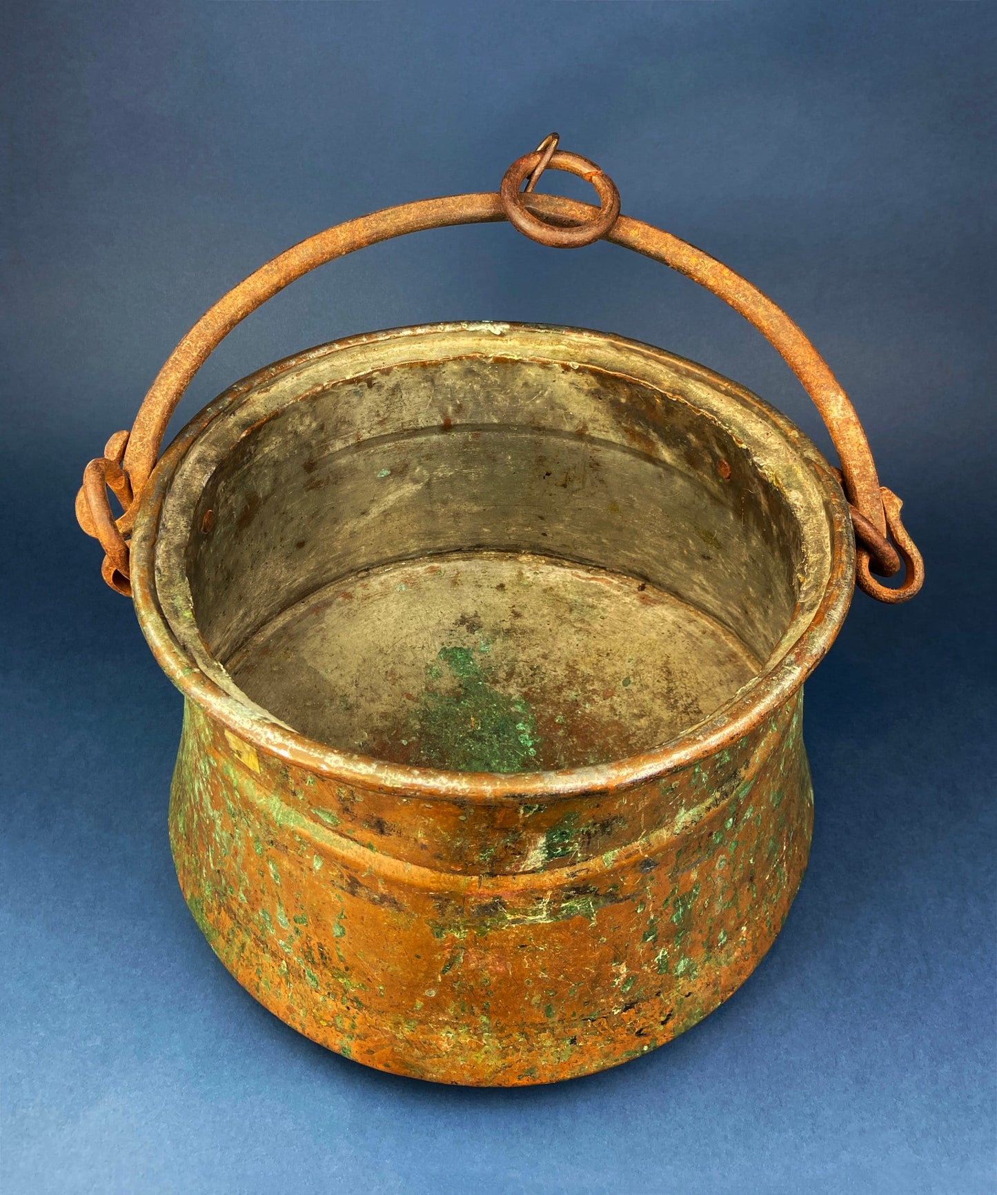 Antique Hand-Hammered Brass Bucket with Wrought Iron Handle: Rustic Farmhouse Decor