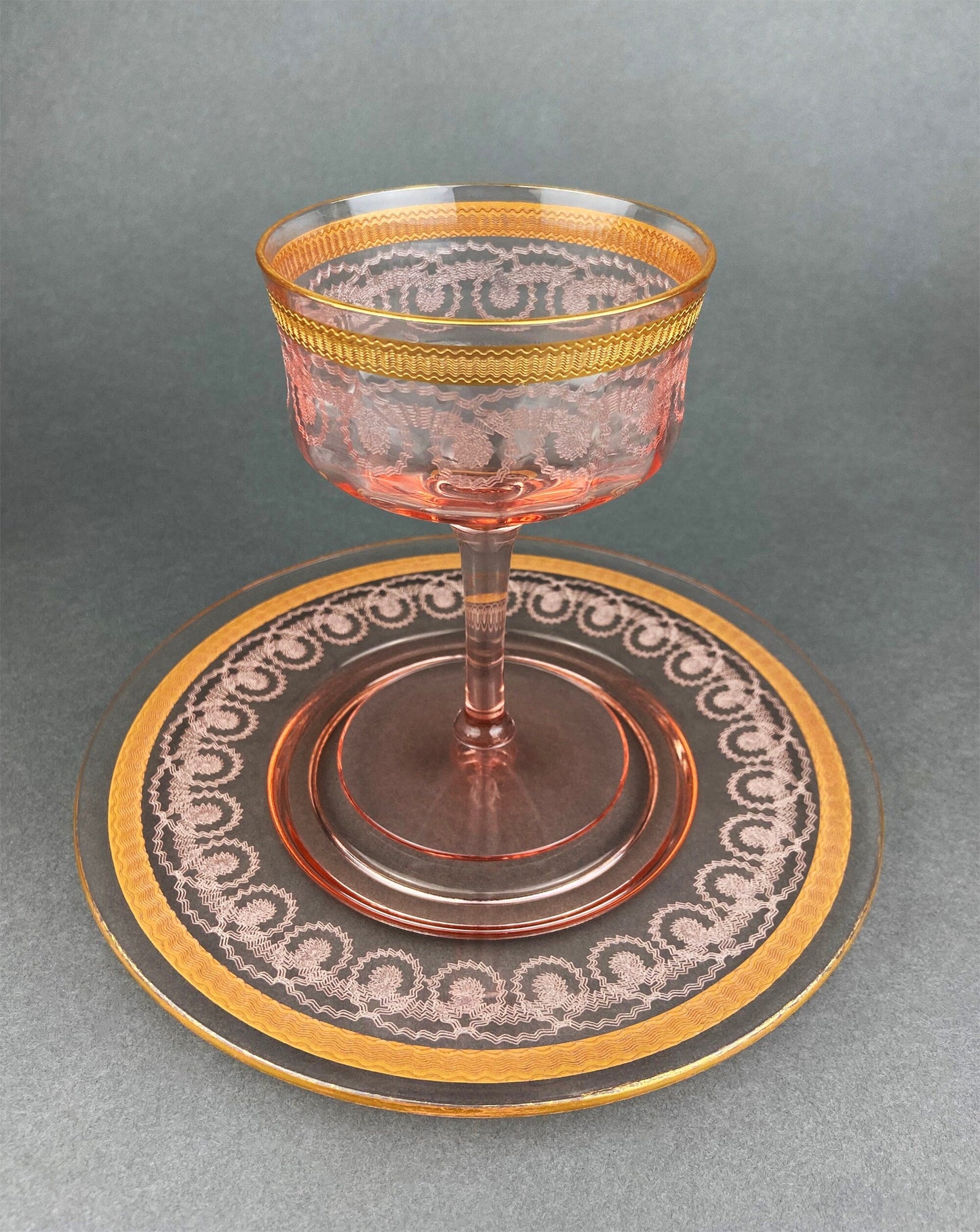 Antique Pink Crystal Goblets, Morgantown Necklace Gold Pattern, Set of 8