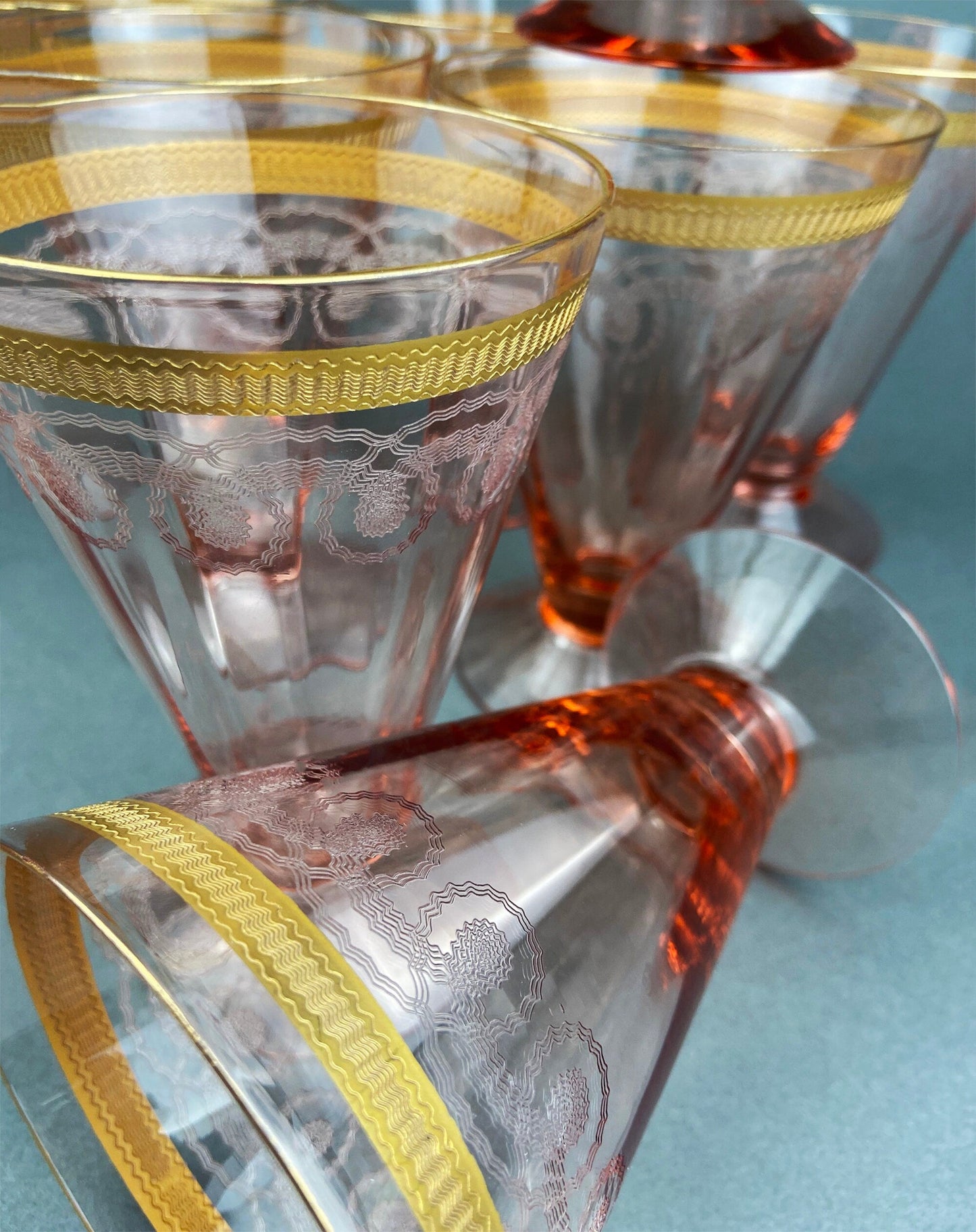 Antique Pink Crystal Goblets, Morgantown Necklace Gold Pattern, Set of 8