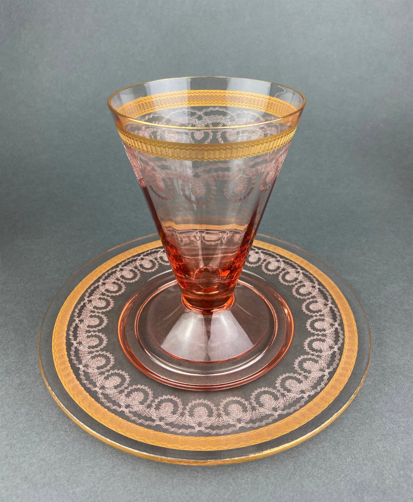 Antique Pink Crystal Goblets, Morgantown Necklace Gold Pattern, Set of 8