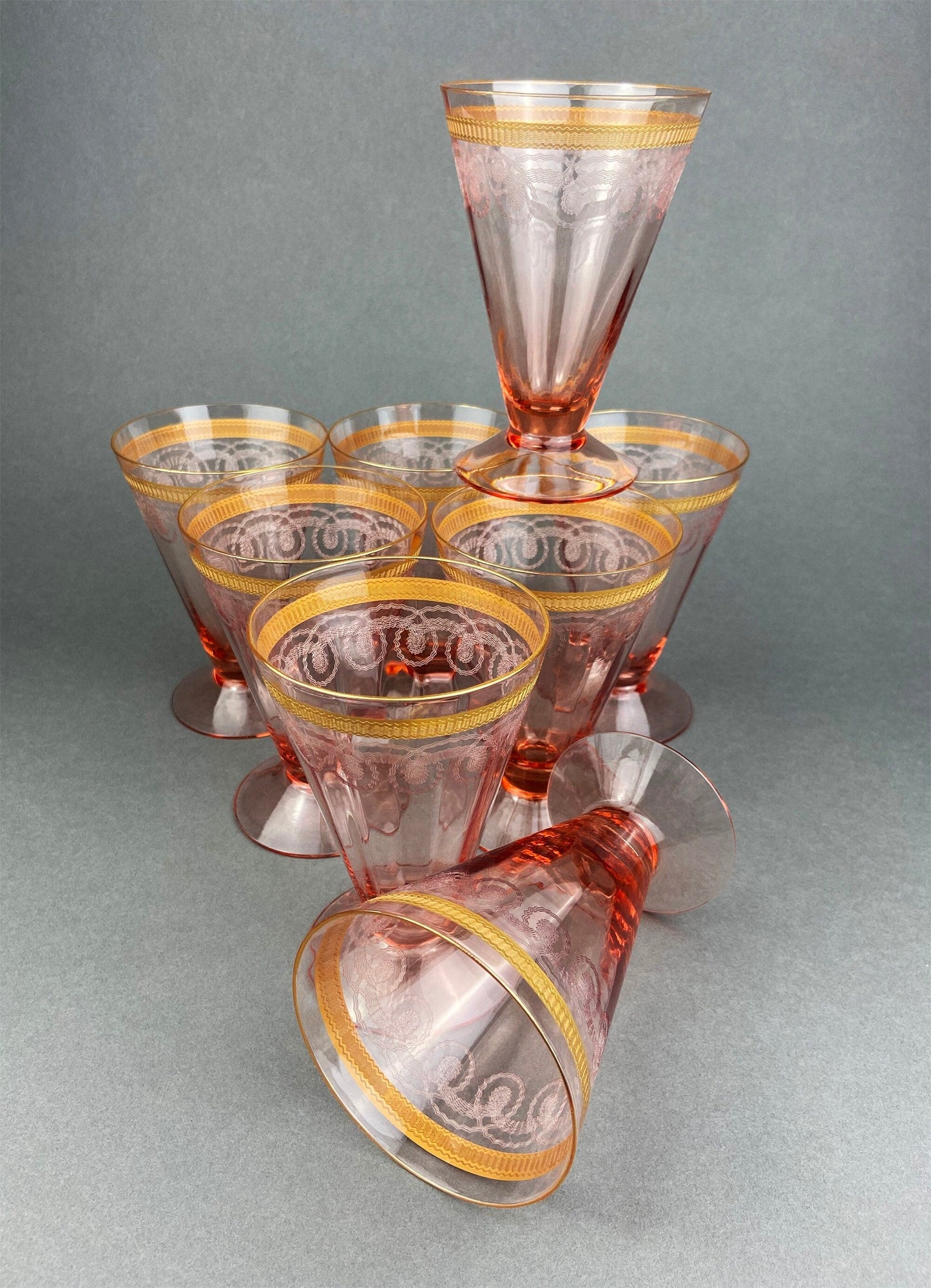 Antique Pink Crystal Goblets, Morgantown Necklace Gold Pattern, Set of 8