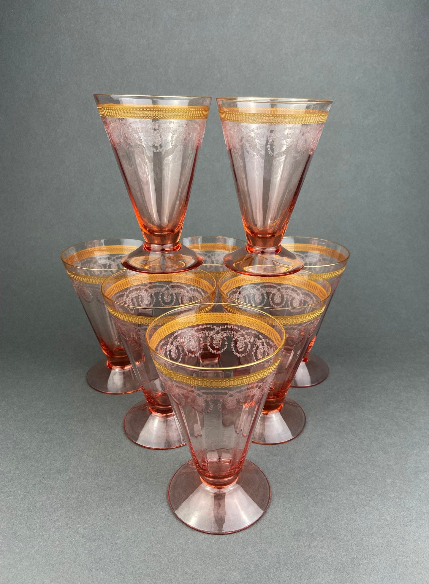 Antique Pink Crystal Goblets, Morgantown Necklace Gold Pattern, Set of 8