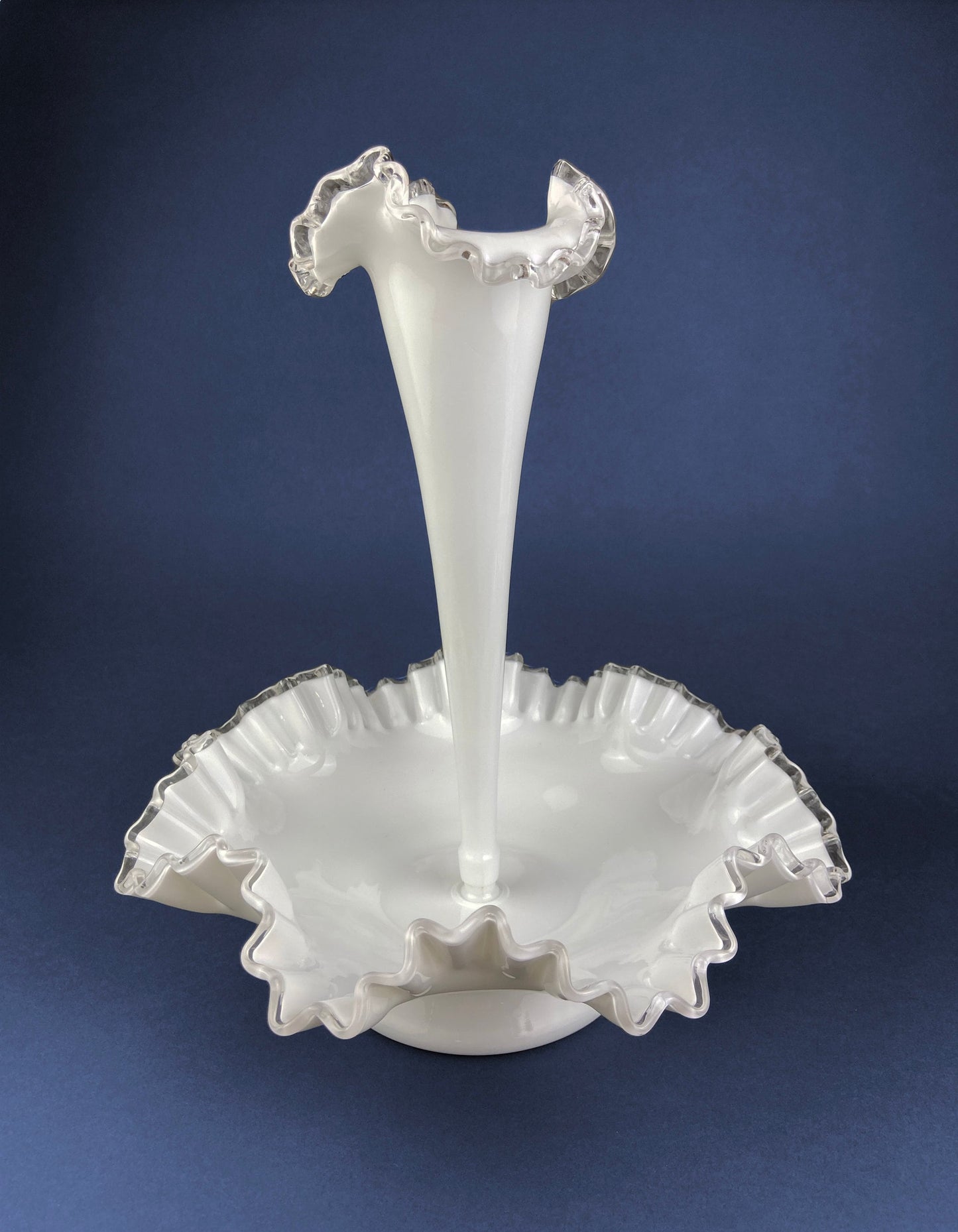 Milk Glass Three Horn Epergne Flower Vase. Fenton, Hobnail Vase & Bowl Combined. Table Centerpiece with Ruffled Rim.