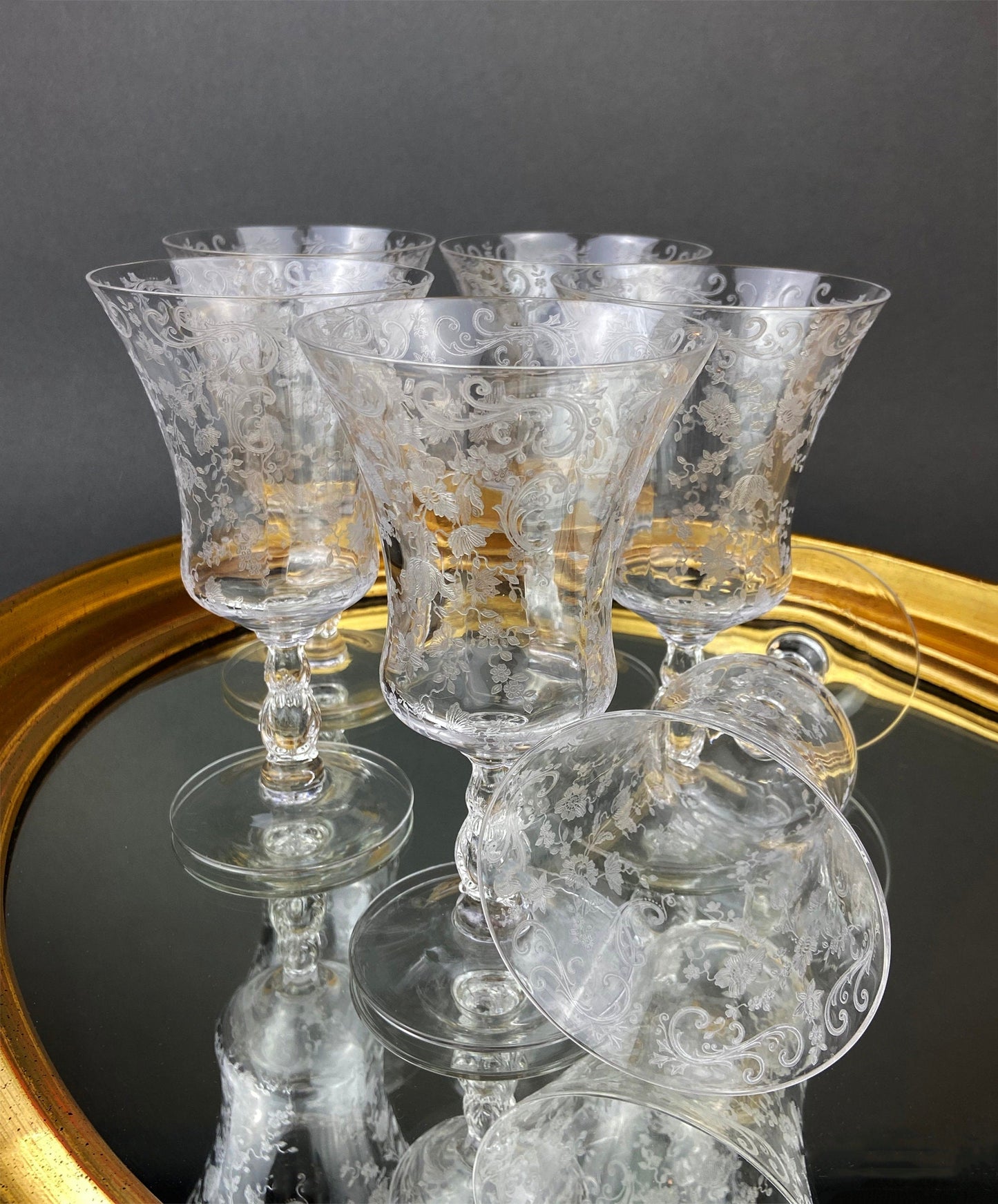 Antique Tiffin Franciscan Wine Goblets with Embossed Gold Rims. Set of 5 Faceted Mid Century Stemware. 24K Gold. Dining Room Decor. Gift for Him Her