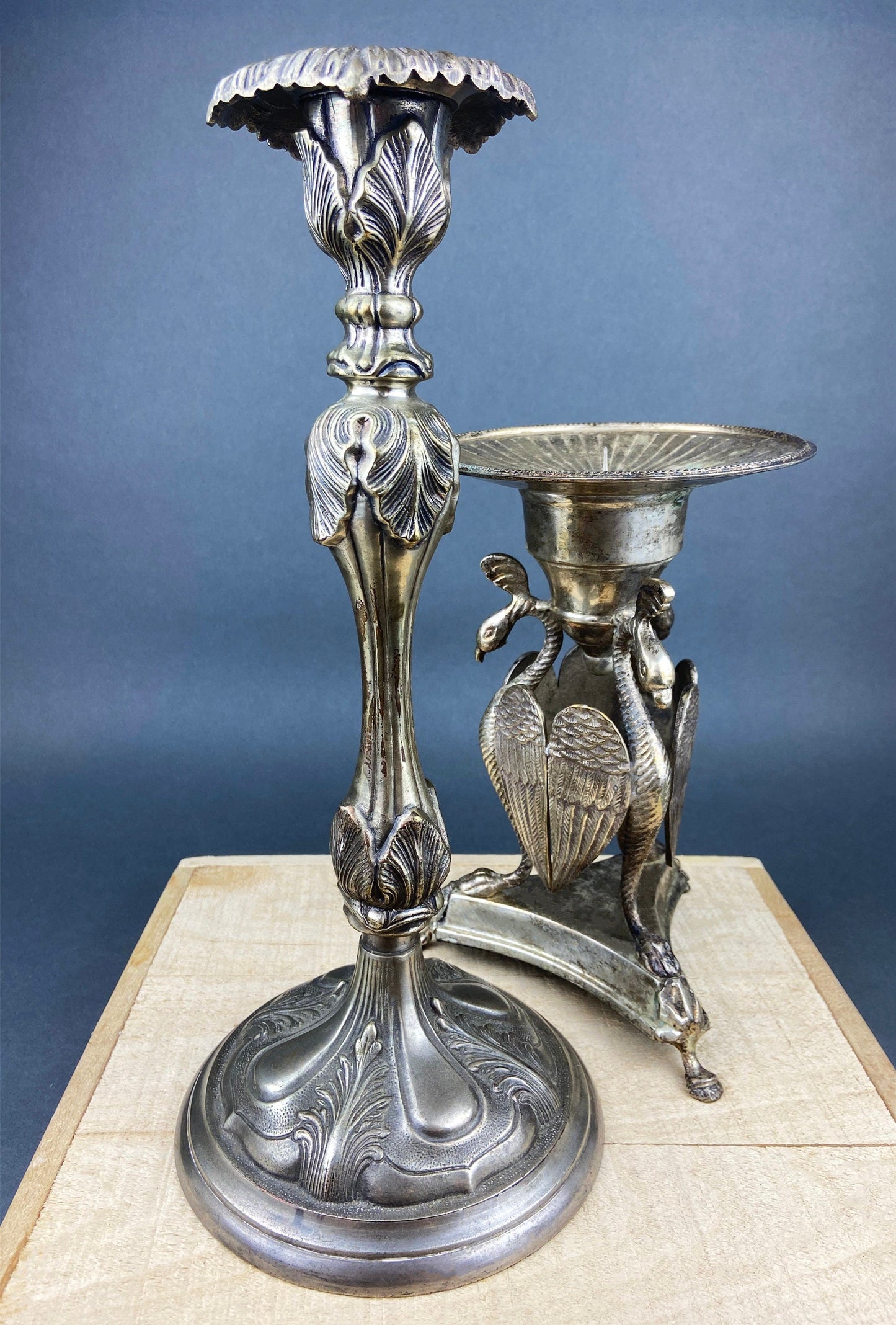 Antique Pillar Candle Holder/Silver Plated Candle Stand/Art Nouveau Relief. Fine Dining.