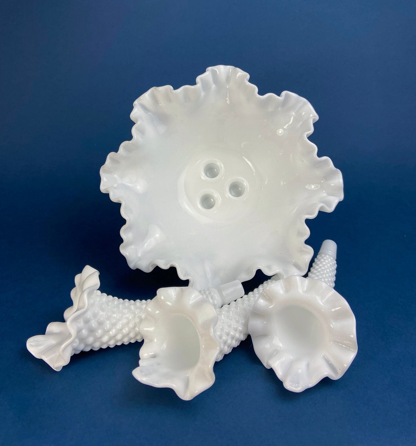 Milk Glass Three Horn Epergne Flower Vase. Fenton, Hobnail Vase & Bowl Combined. Table Centerpiece with Ruffled Rim.
