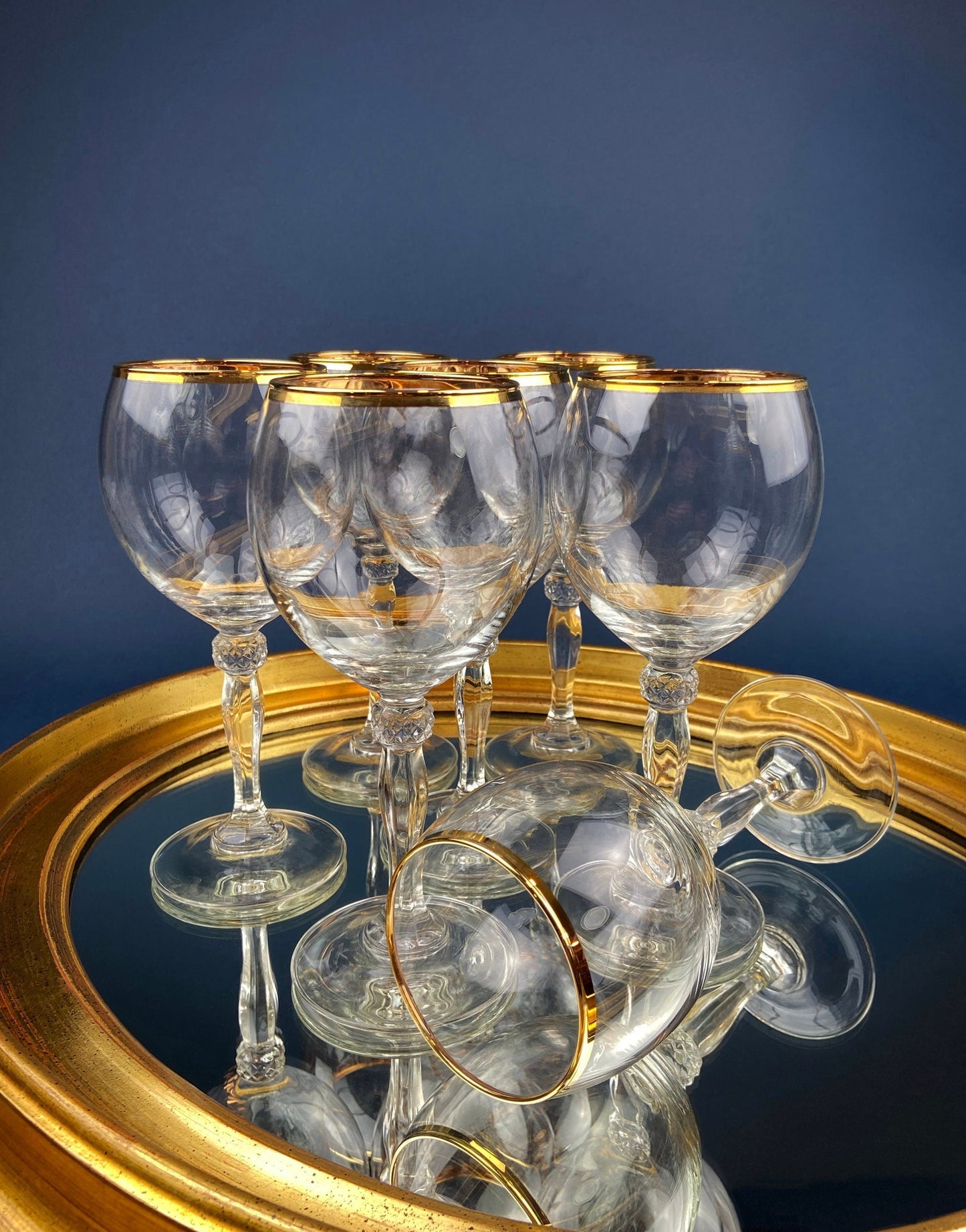 Antique Tiffin Franciscan Wine Goblets with Embossed Gold Rims. Set of 5 Faceted Mid Century Stemware. 24K Gold. Dining Room Decor. Gift for Him Her