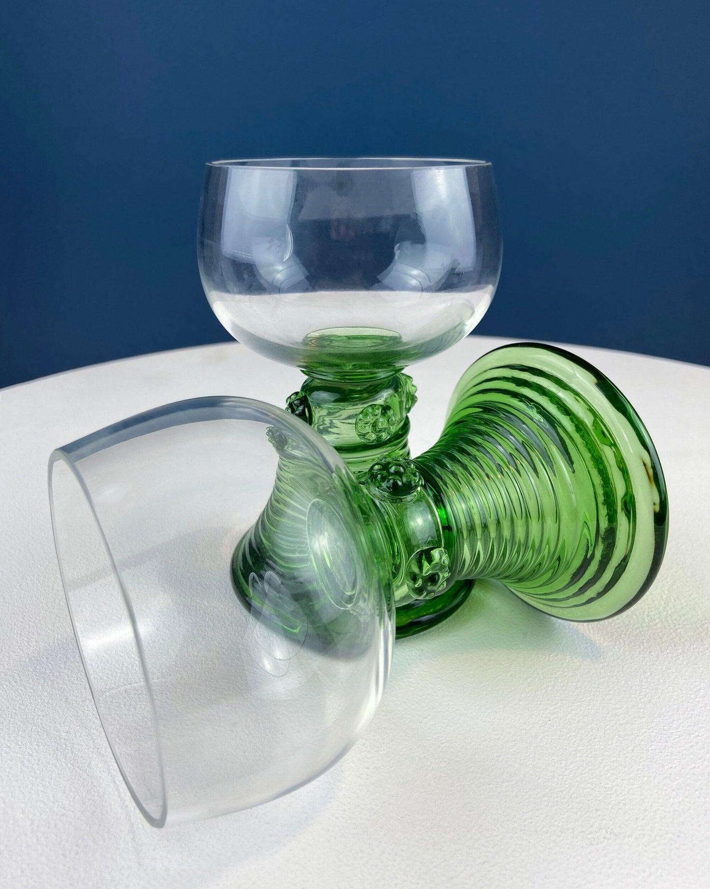 Hand Blown Wine, Water or Margarita Goblets. 6 Clear Bowls with Green Ribbed Stems. Roemer Green by CRISTAL D'ARQUES-DURAND. Wedding Gift.